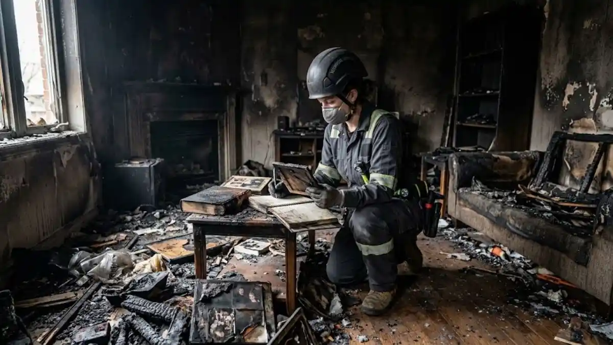 Restoration technician in protective gear examining a burned photo album amid fire wreckage