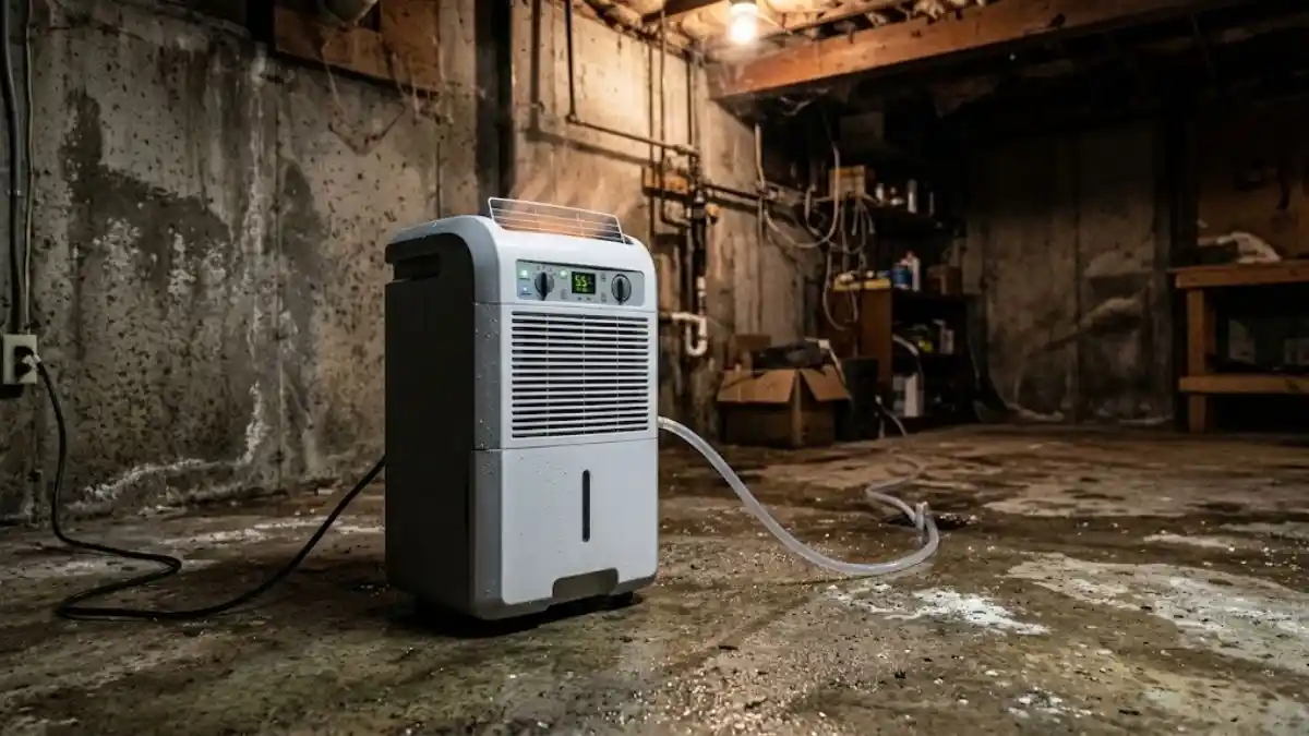 Portable dehumidifier running in a dark, humid basement with stained walls