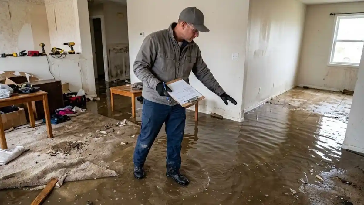 Technician with a clipboard assessing a flooded, muddy room during a water damage inspection