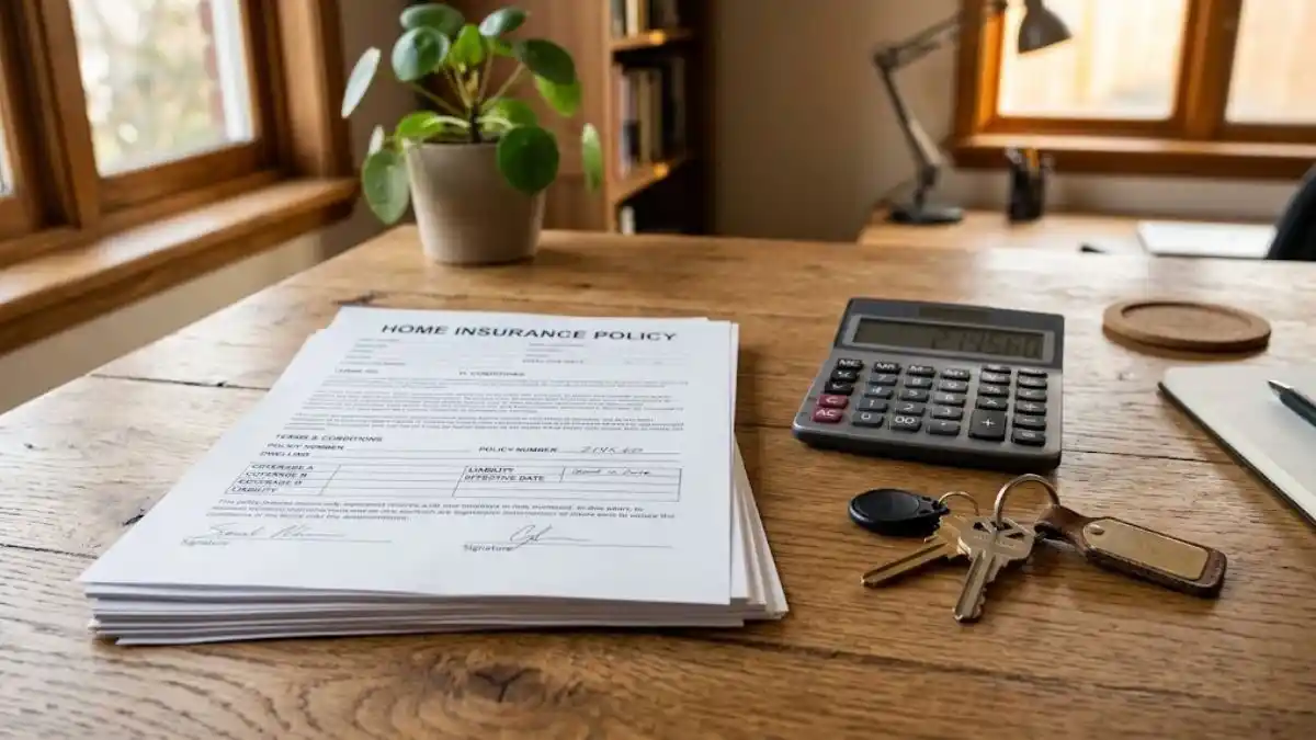 Home insurance policy documents, a calculator, and house keys on a desk