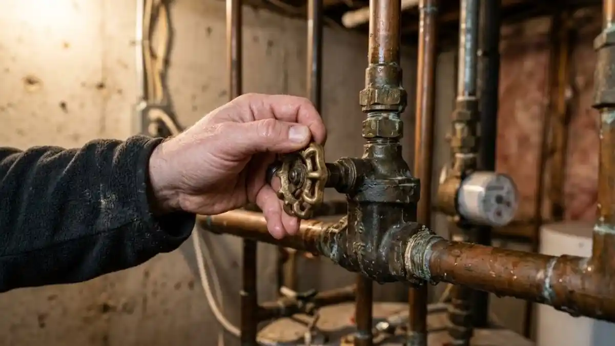Hand turning a main water shutoff valve on exposed copper pipes