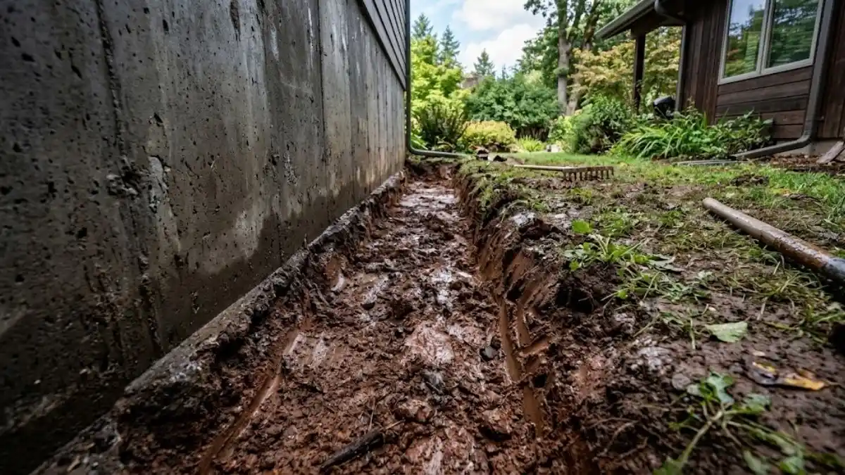 Excavated trench along a home's foundation showing Georgia's reddish clay soil