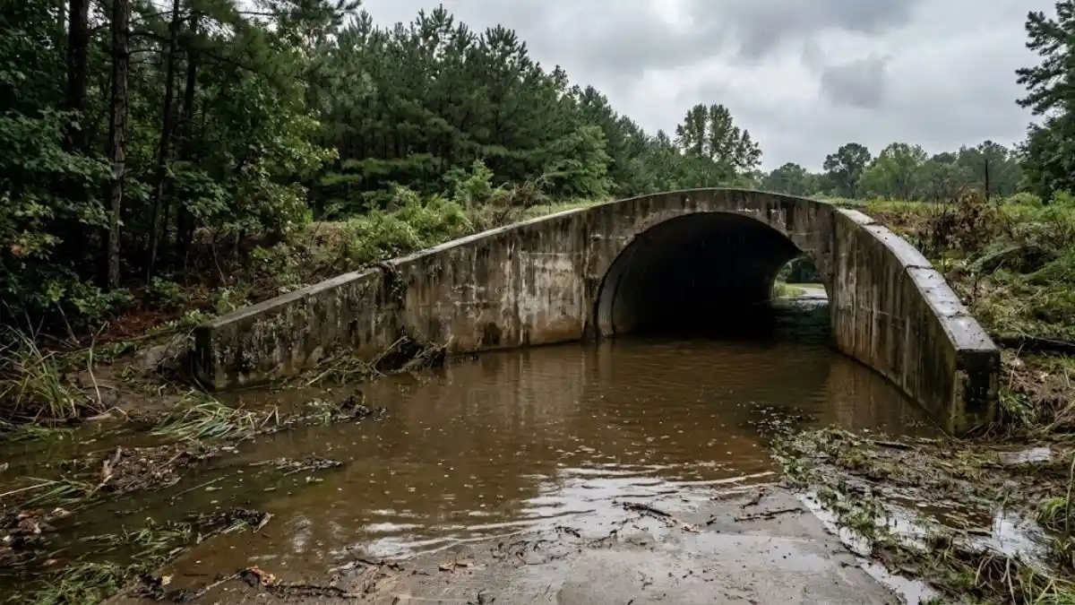 Flooded golf cart path tunnel underpass surrounded by trees after heavy rain