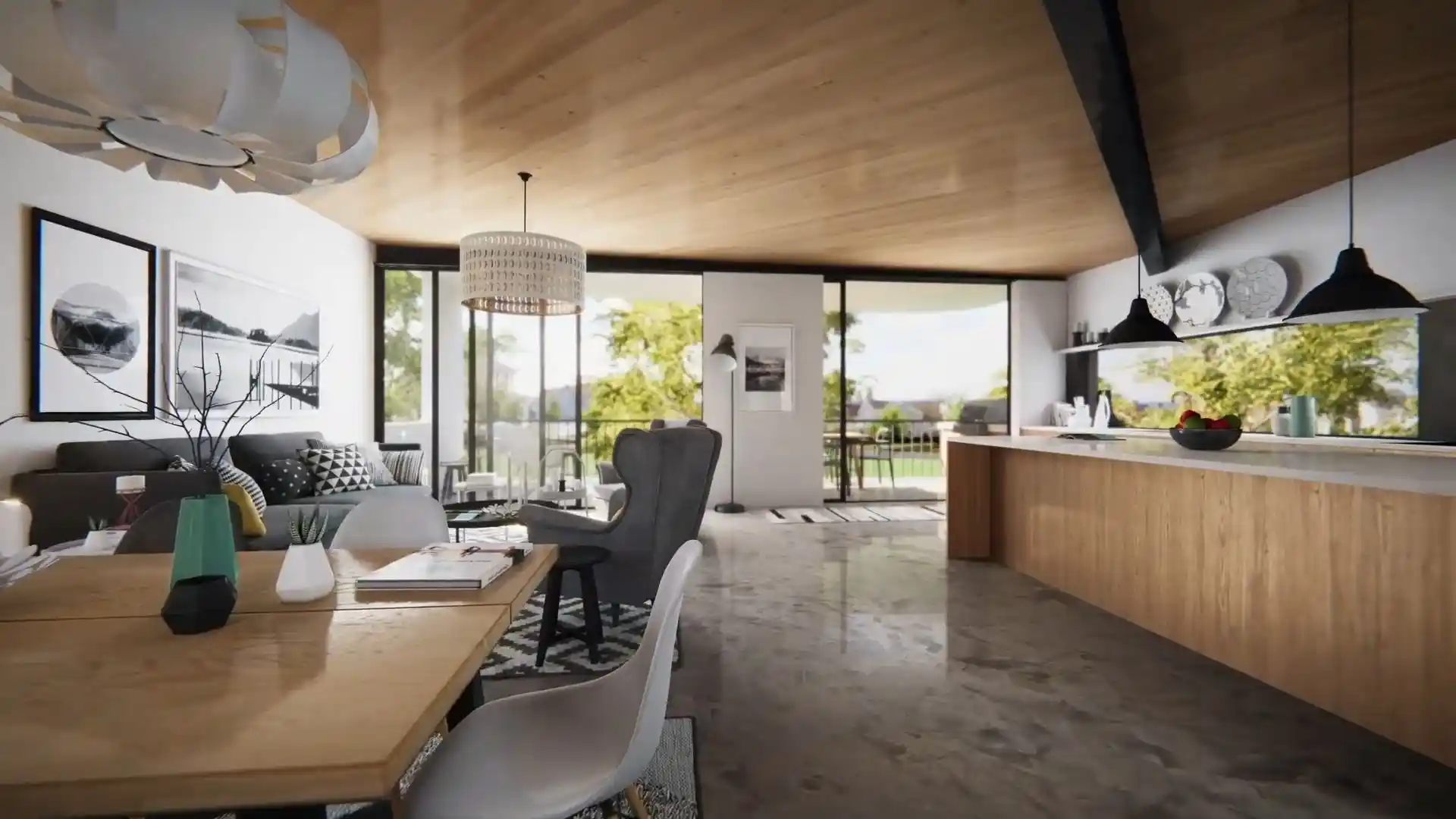 Bright, modern open-concept living room and kitchen interior
