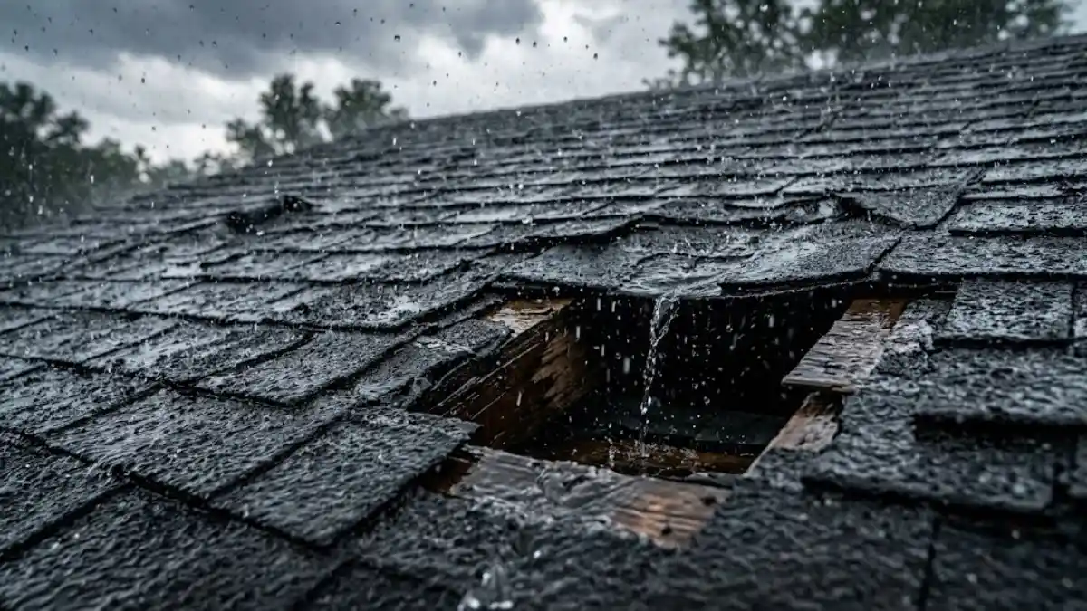 Rain pouring through a hole in a shingled roof during a storm