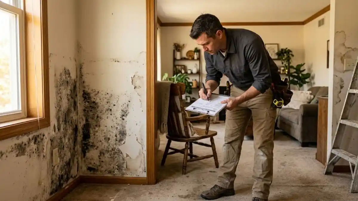 Technician writing on a clipboard while inspecting a wall with visible mold damage