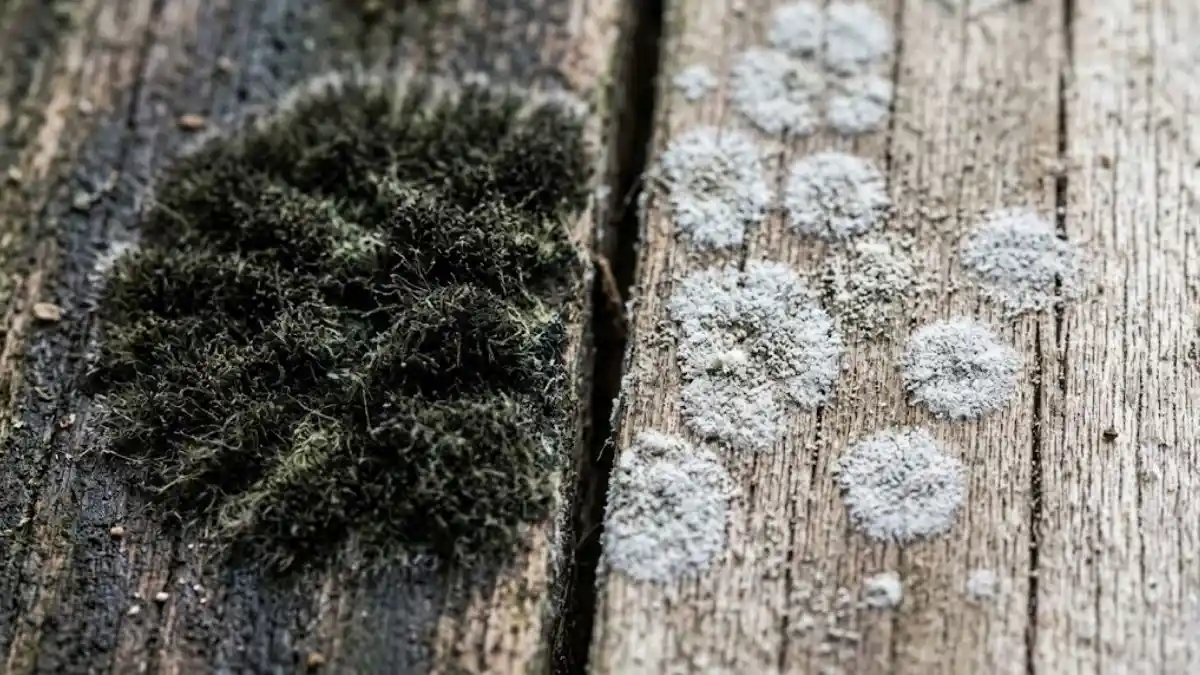 Side-by-side close-up of raised dark mold and powdery white mildew growth on a wood board