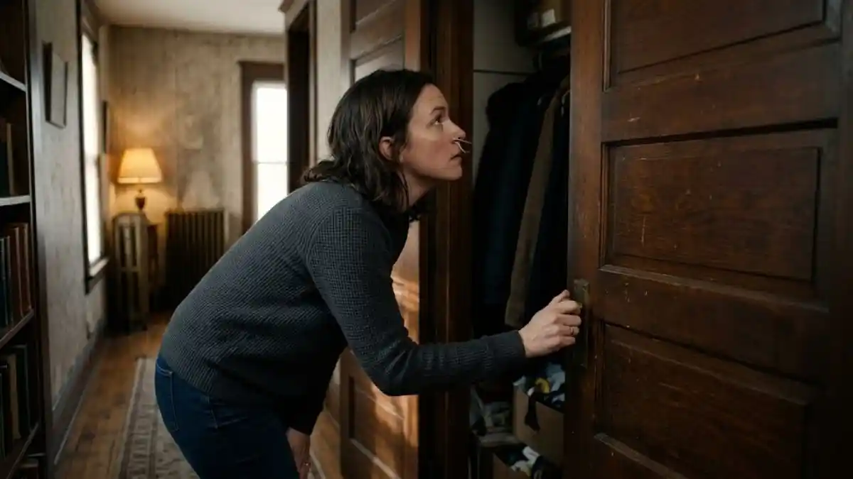Woman leaning into a closet, sniffing the air while investigating a musty smell
