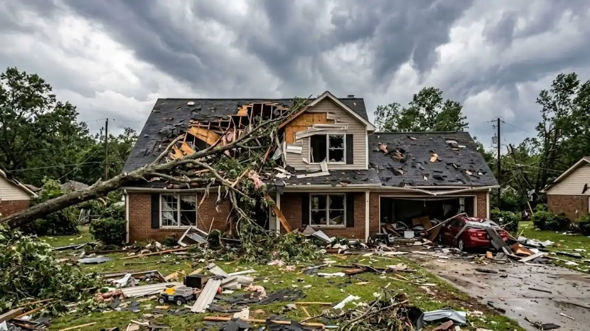 Two-story home with severe tornado damage, a fallen tree, and debris across the yard