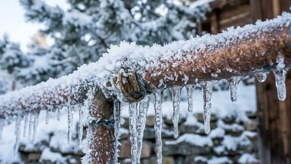 Exterior pipe coated in frost and ice during a hard freeze