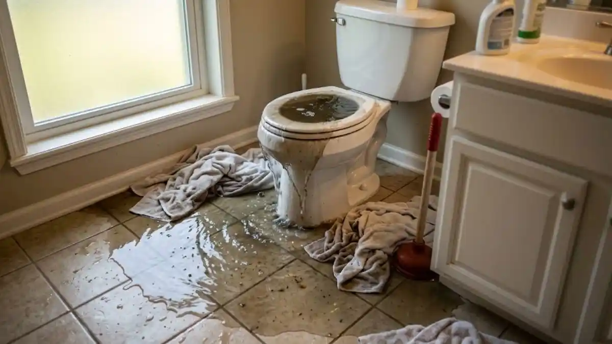 Overflowing toilet with contaminated water spreading across a bathroom floor