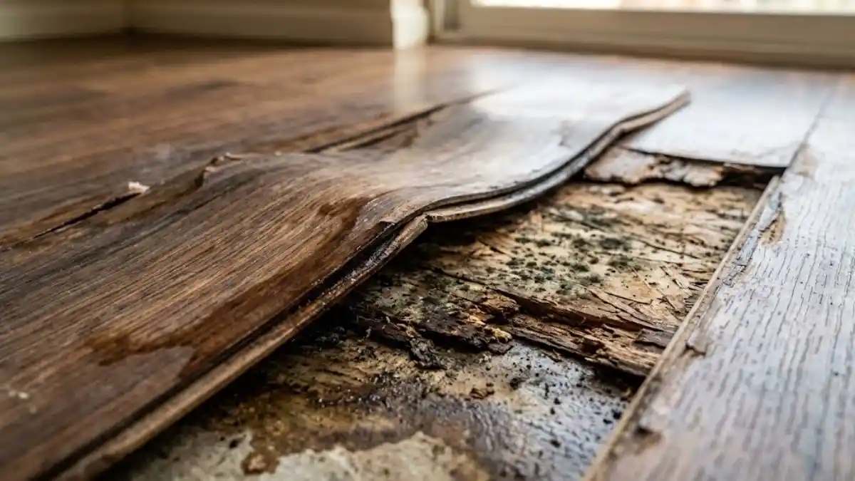 Warped hardwood flooring peeled back to reveal mold and rot in the subfloor beneath