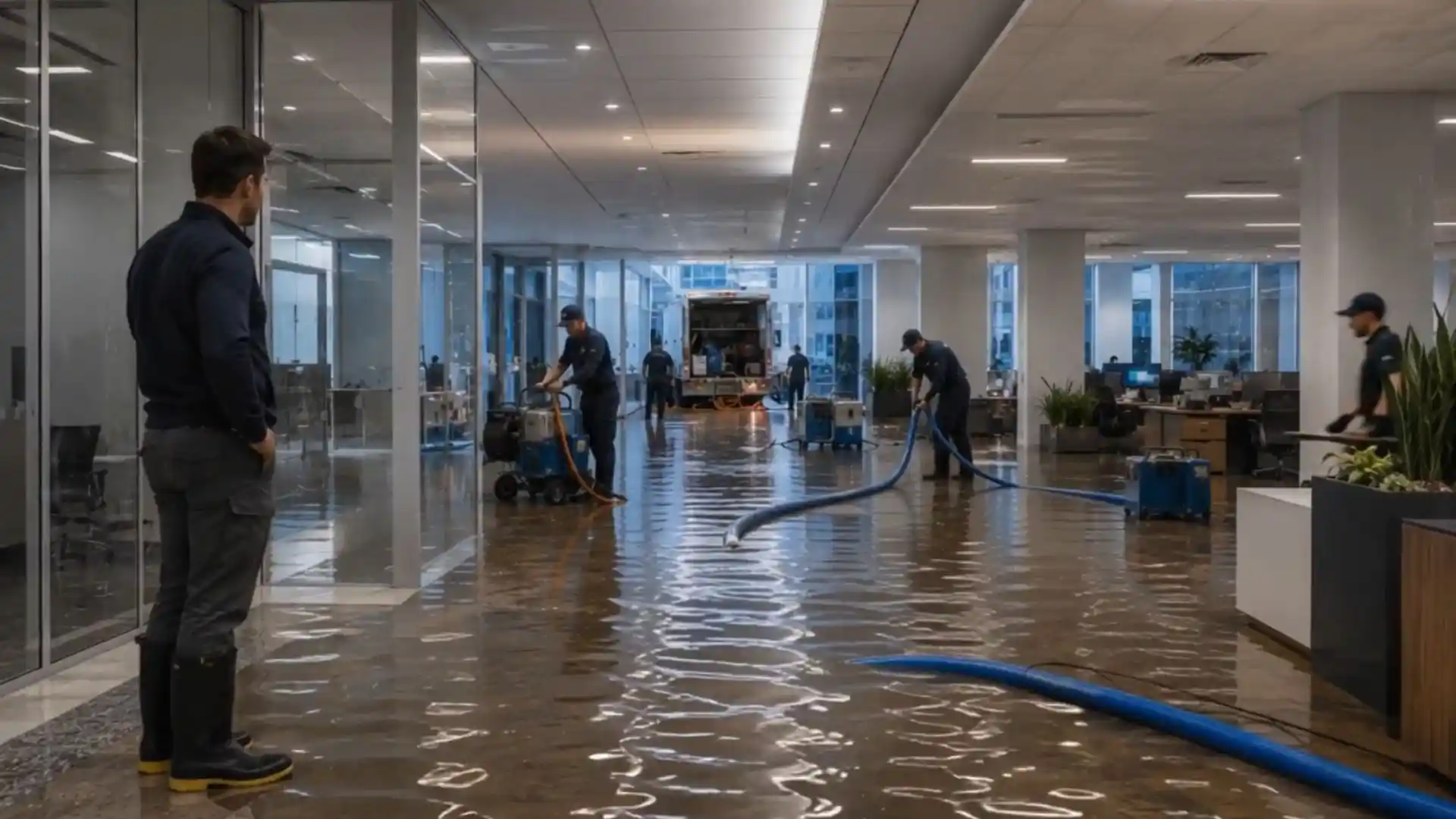 Restoration crew extracting standing water from a flooded modern office with hoses and equipment