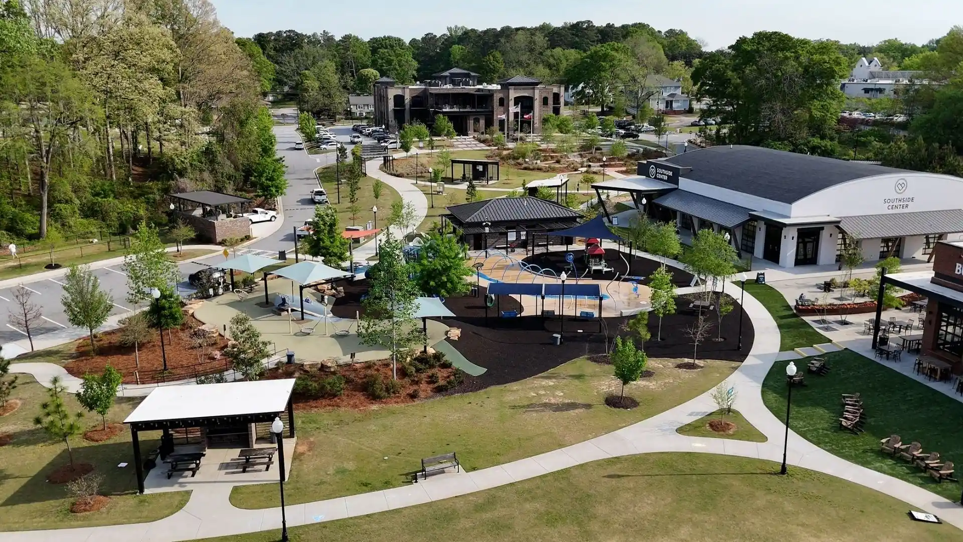 Aerial view of a community park and Southside Center retail development in Fayetteville, GA