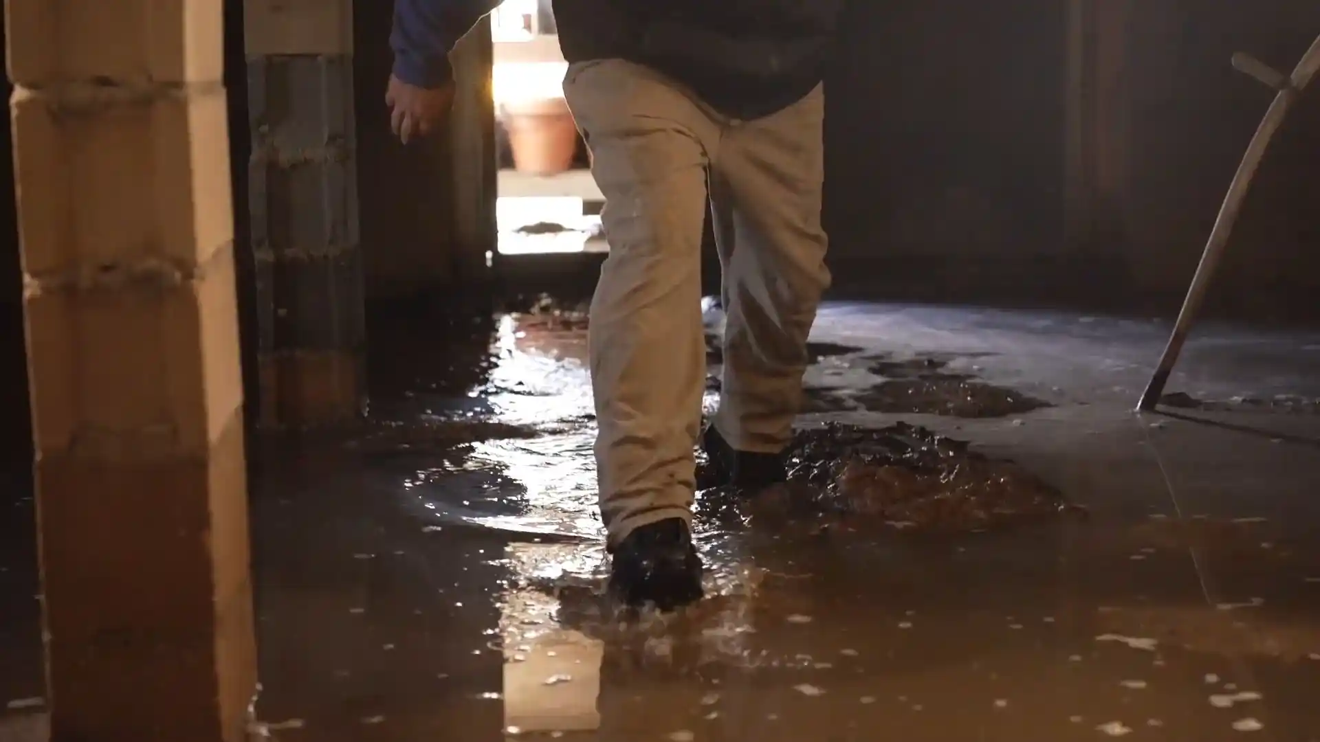 Person wading through a flooded, muddy basement