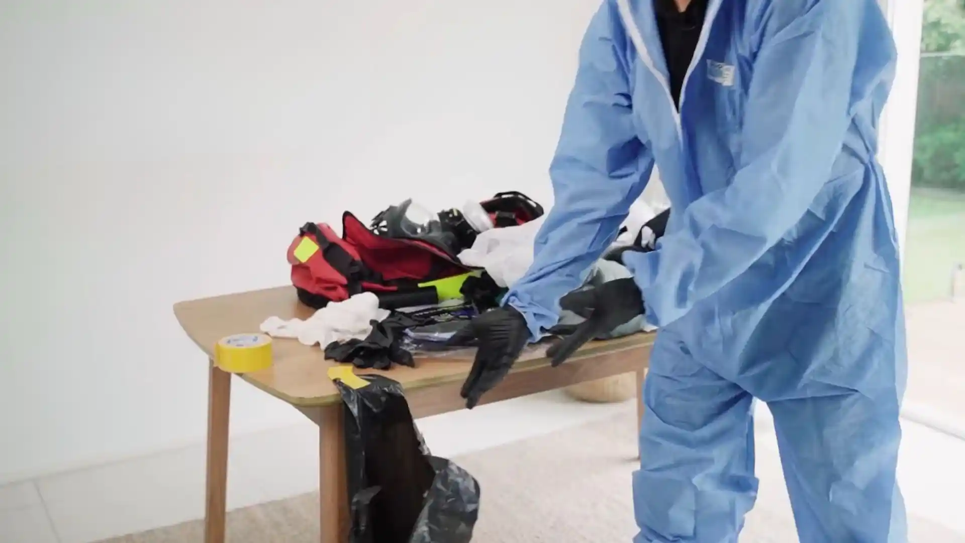 Technician putting on protective coveralls and gloves next to a table of PPE and cleaning supplies