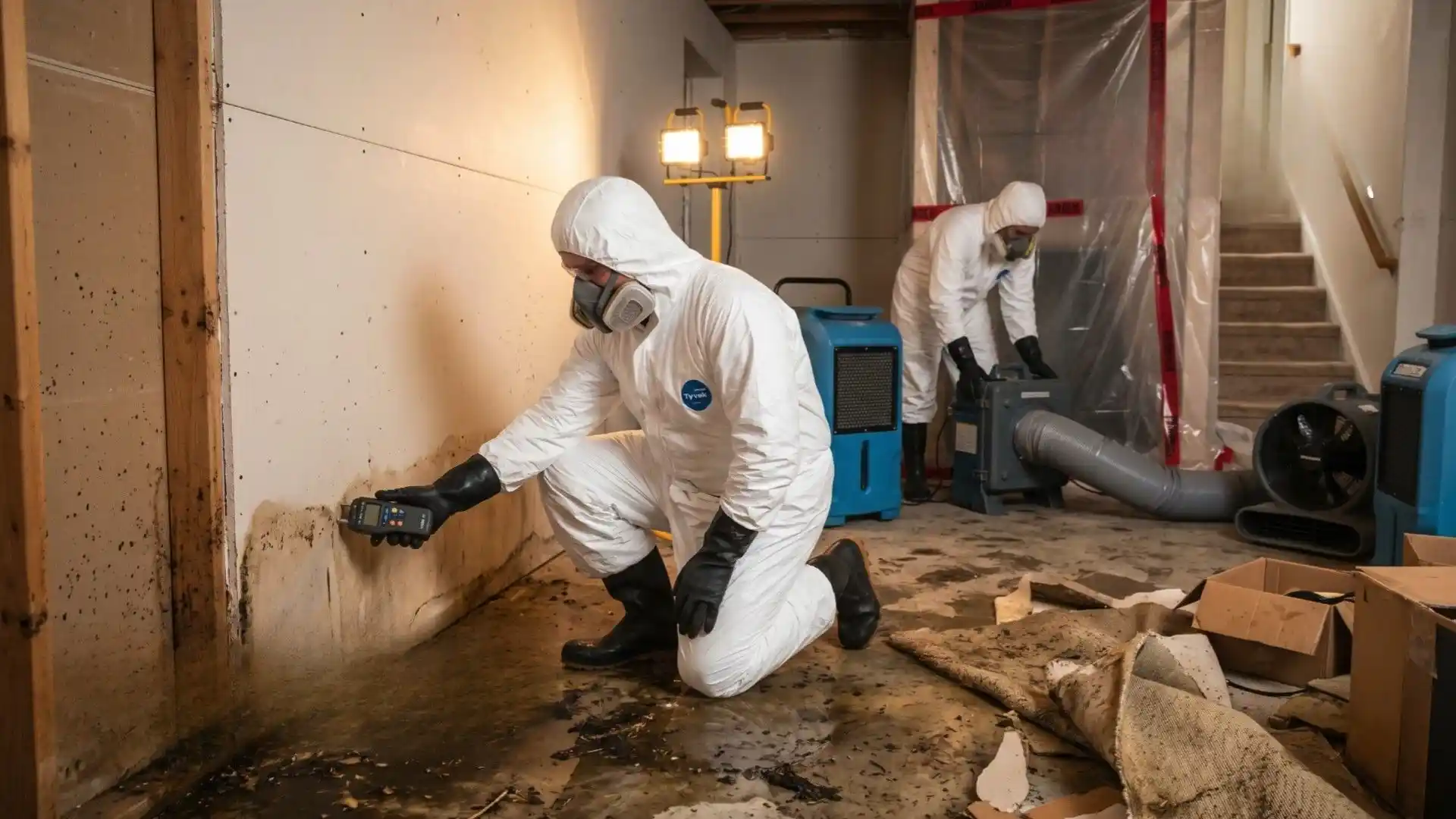 Technicians in full protective suits and respirators working in a contaminated basement with containment barriers and drying equipment