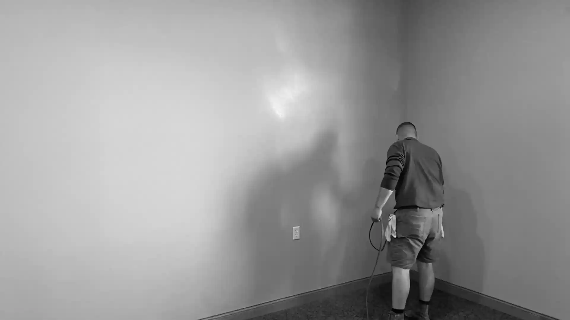 Technician cleaning a wall corner after fire and soot damage