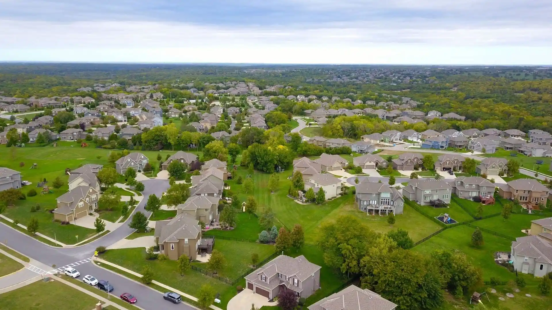 Aerial view of a suburban residential neighborhood in South Fulton, GA
